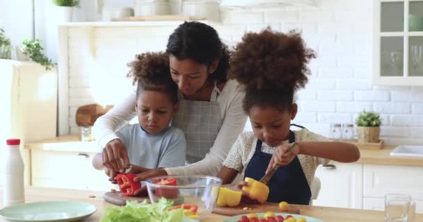 Souriant mére mixte enseigner aux enfants la coupe de salade dans la cuisine — Video