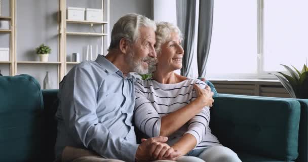 Glada äldre par ser i framtiden talar avkopplande på soffan — Stockvideo