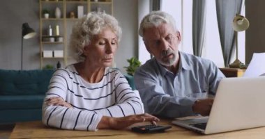 Online faturaları ödemek için ev faturalarını hesaplayan yaşlı çift.