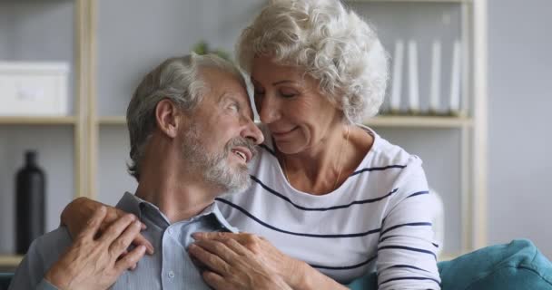 Счастливая пожилая пара обнимается, глядя в камеру. — стоковое видео