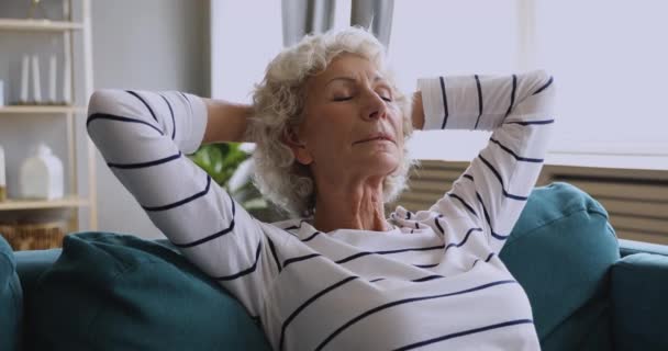 Zdravé klidné starší ženy odpočívat na gauči dýchání čerstvého vzduchu — Stock video