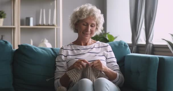 Gülümseyen yaşlı büyükanne atkı örüyor evde hobi olarak eğleniyor. — Stok video