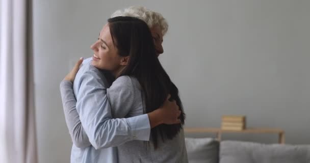 Счастливые два поколения женщин семьи обнимая приветствие связи — стоковое видео