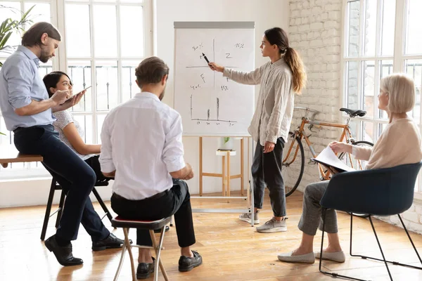 Serious young female manager coach give presentation at corporate workshop — Stock Photo, Image