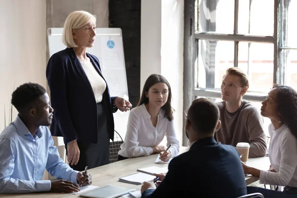 Medelålders professionell kvinnlig mentor verkställande ledande företags briefing — Stockfoto