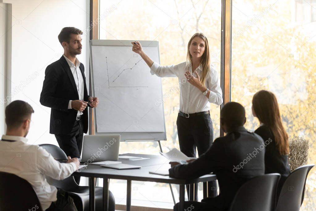 Professional business speakers team give flip chart presentation at meeting