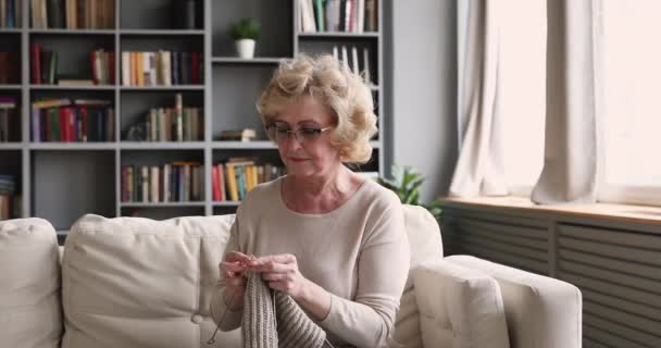 Zaostřený středního věku důchodce žena pletení teplý svetr. — Stock video