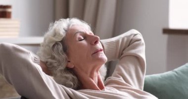 Emekli olgun, ağarmış kadın rahat bir kanepede hayal kuruyor..