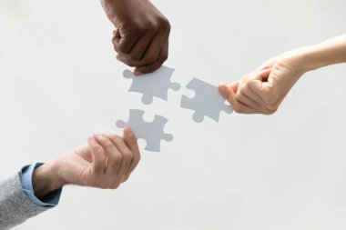 Bulmacanın beyaz parçalarını tutan çeşitli meslektaşları kapat