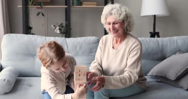 Okos kis óvodás lány játszik építeni nagymama. — Stock videók