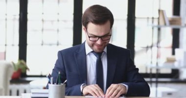 Smiling ceo achieving targets easily, startup idea concept.