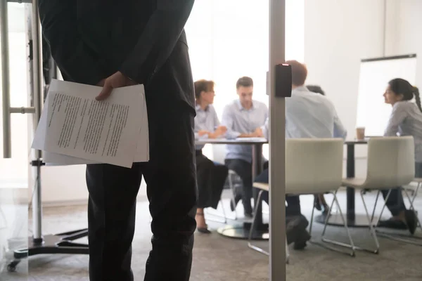 Employees holding documents, waiting, feeling nervous before presentation — Stok fotoğraf