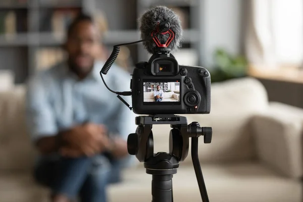African man recording new vlog, closeup view digital camera screen — Stock Photo, Image