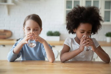 Two multiethnic little girls drinking natural water seated in kitchen
