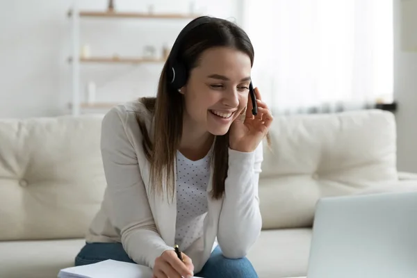 Woman wear headset enjoy studying process with online teacher distantly — Stock Photo, Image