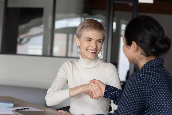 Client and insurer make deal handshaking express gratitude concept