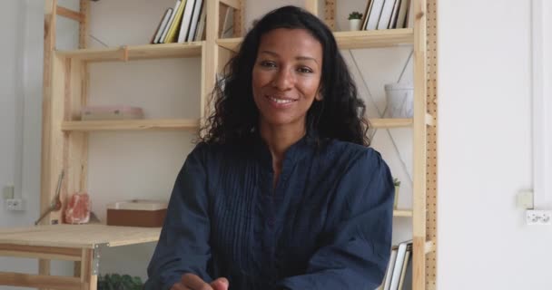 Happy african business woman making video conference call in office — Stock Video