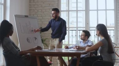 Erkek işletme koçu mali grafiği ters grafik üzerinde gösteriyor