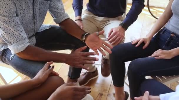 Diverse people talking at group therapy session concept, close up — Stock Video