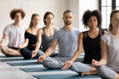 Genç, çok ırklı insanlar Padmasana 'da meditasyon yapıyor..