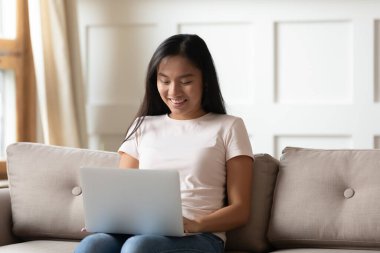 Gülümseyen Vietnamlı güzel bir kadın bilgisayar kullanıyor..