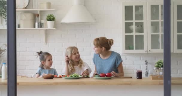 Glückliche Mutter und kleine Töchter kochen gemeinsam in der Küche — Stockvideo