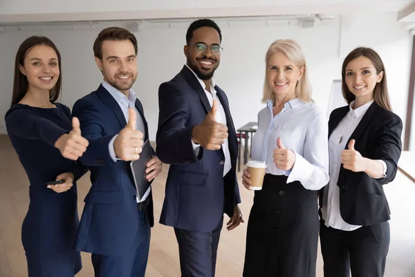 Diverse corporate team businesspeople standing in line showing thumbs up — Stock Photo, Image