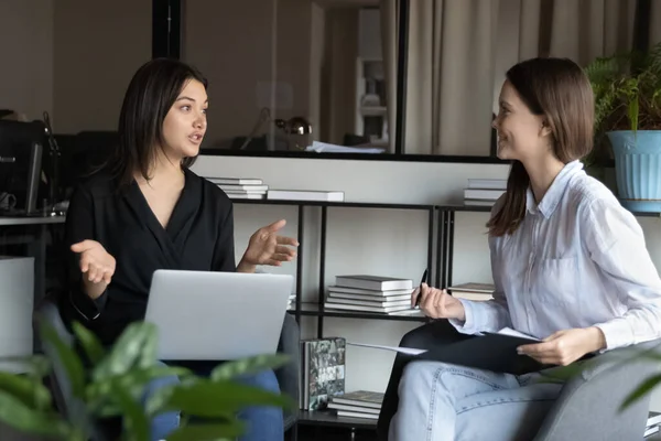 Excited multiracial women work together at company office meeting — Stock Photo, Image