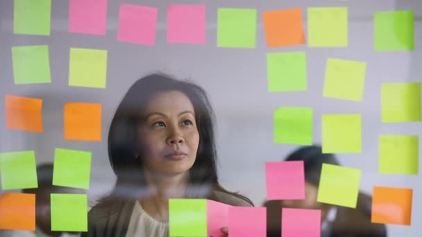 Allvarligt mogen kvinnlig asiatisk chef kontrollerar information på scrum board — Stockvideo