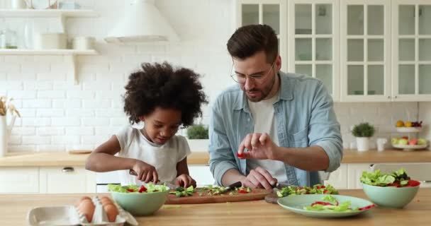 Küçük melez ırk, beyaz babayla yemek hazırlayan evlatlık kız çocuğu.. — Stok video