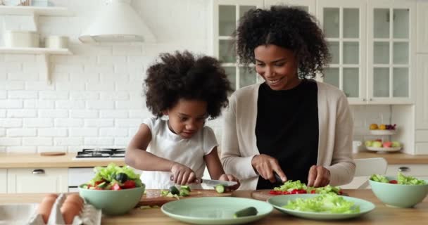 Liten afro etnicitet liten flicka hjälpa biracial mamma förbereda mat. — Stockvideo