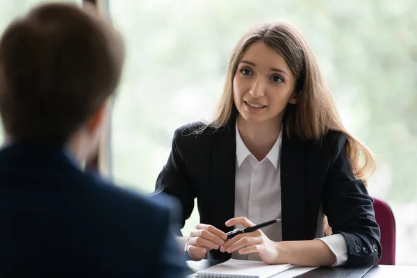 HR manager interviewing male applicant answers questions pass job interview — Stock Photo, Image
