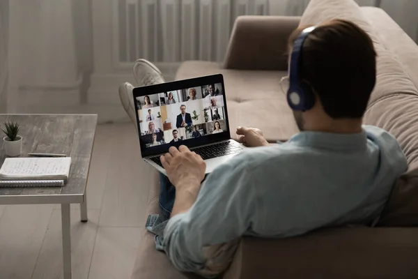 Male employee have webcam team meeting conference on laptop — Stock Photo, Image