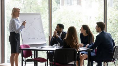 Olgun kadın işletme koçu genç müşterilere pazarlama temellerini anlatıyor
