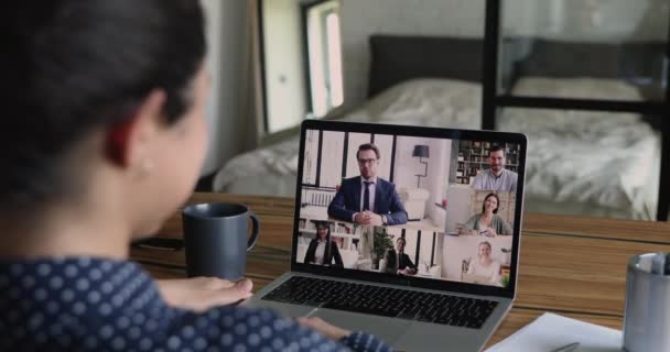 Laptop widok ekranu nad bizneswoman ramię odległe spotkanie działalności — Wideo stockowe