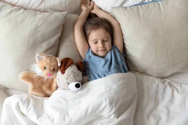 Adorable linda chica durmiendo en la cama con juguetes de animales esponjosos — Foto de Stock