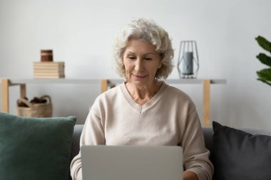 Diz üstü bilgisayar kullanan, rahat koltukta oturan olgun bir kadın.