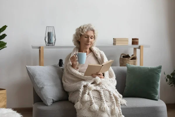 Zufriedene ruhige reife Frau liest Buch, trinkt Tee zu Hause — Stockfoto