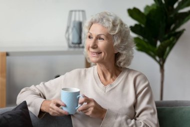 Gülümseyen olgun bir kadın elinde çay, evinde dinleniyor.