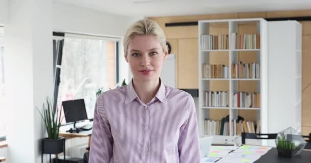 Female hr manager extends hand for handshake greeting new applicant — Stock Video