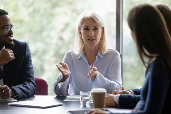 Medelålders affärskvinna hålla möte med olika kollegor — Stockfoto