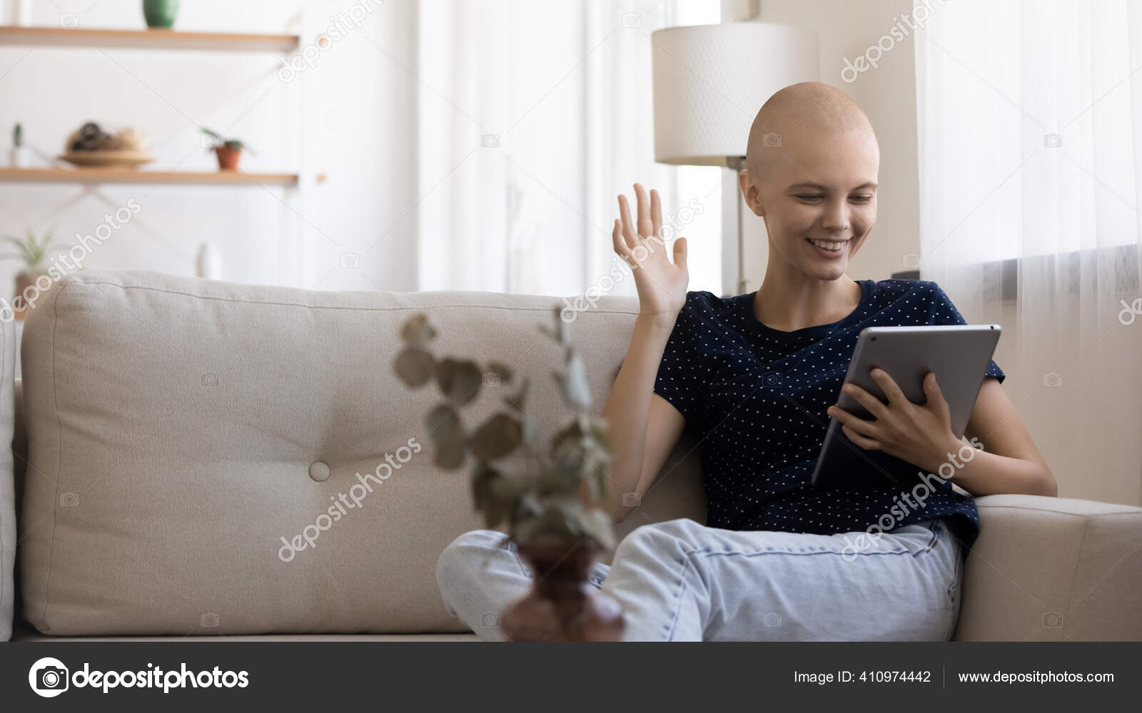 Smiling Sick Cancer Patient Talk On Tablet At Home Stock Photo Image By C Fizkes 410974442