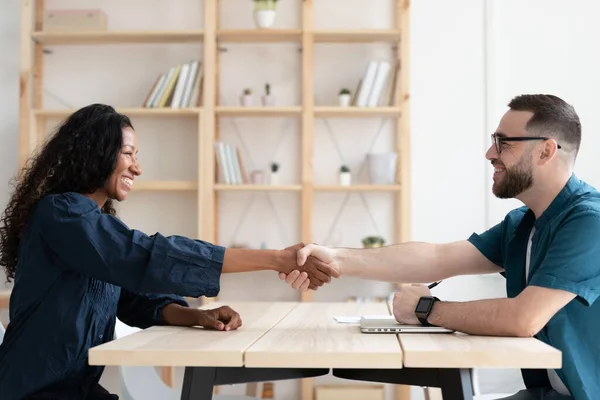 Smiling hr manager shaking African American candidate hand at meeting — Stock Photo, Image