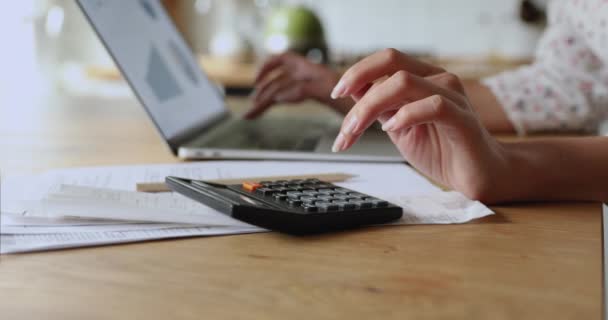 Zbliżenie księgowa kobieta działa za pomocą kalkulatora i laptopa — Wideo stockowe