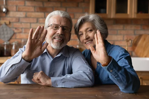 Smiling mature husband and wife wave talk on video call