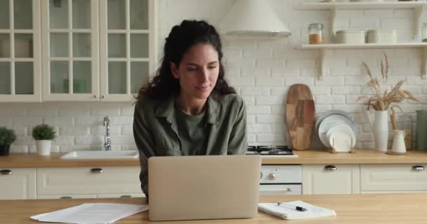 Женщина-предприниматель выполняет телекоммуникационную работу из дома с помощью ноутбука — стоковое видео