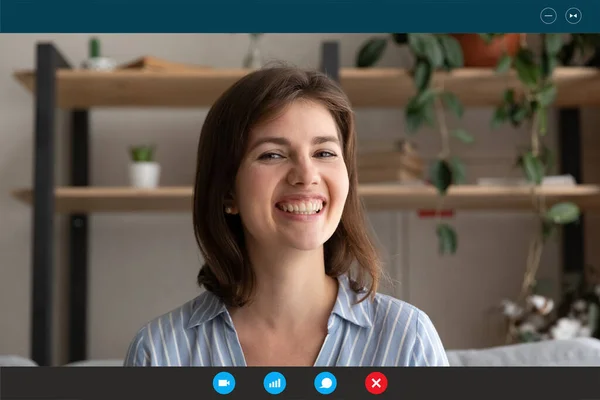 Happy Caucasian woman speak on video call at home — Stock Photo, Image