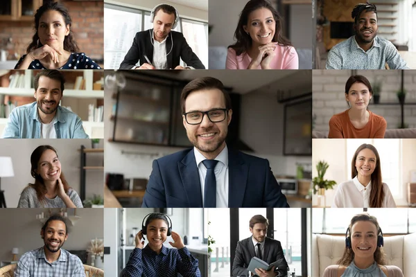 Multiethnic colleagues brainstorm speak on group video call — Stock Photo, Image