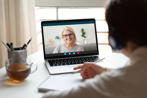 Woman study online watch webinar on laptop at home — Stock Photo, Image