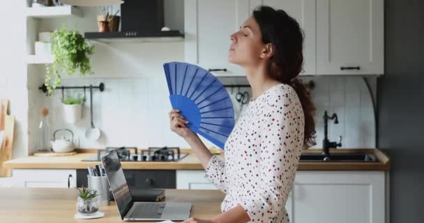 Donna in piedi in cucina agitando ventola blu raffreddamento se stessa — Video Stock